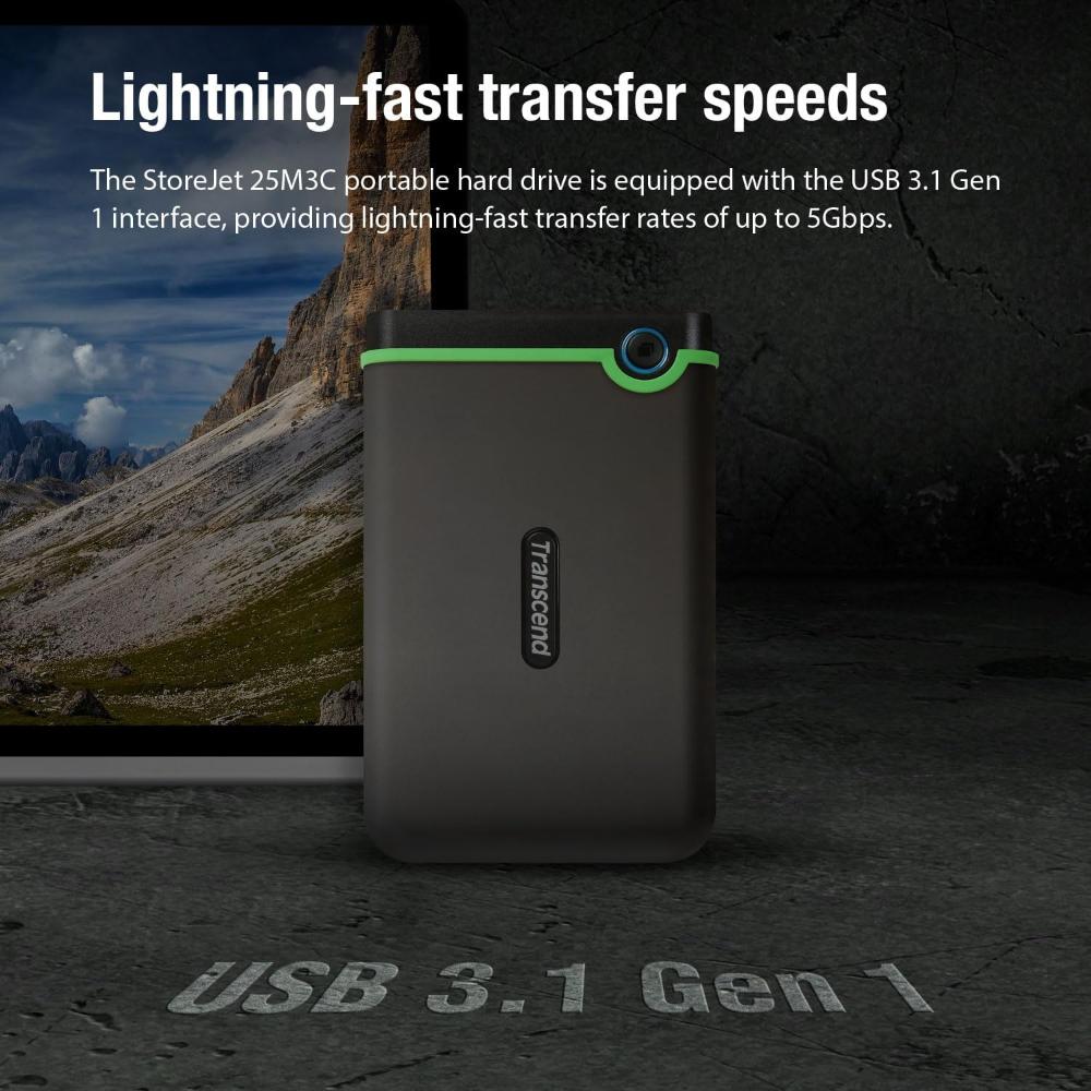 Transcend StoreJet 25M3C | Rugged Portable External Hard Drive | USB 3.1 Gen 1 Type-C, Anti-Shock, One-Touch Backup (2TB / 4TB)