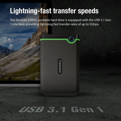 Transcend StoreJet 25M3C | Rugged Portable External Hard Drive | USB 3.1 Gen 1 Type-C, Anti-Shock, One-Touch Backup (2TB / 4TB)