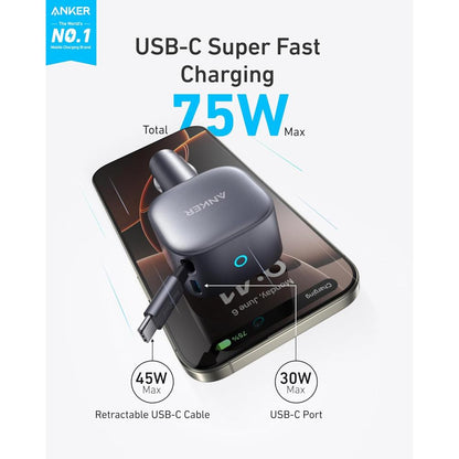 Anker Nano 75W Car Charger A2738P A2 | 75W Fast Car Charger with Built-In Retractable USB-C Cable