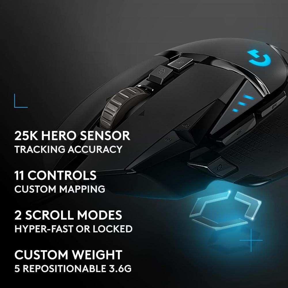 Logitech G502 HERO Wired Gaming Mouse | HERO 25K Sensor | 100–25,600 DPI | 11 Programmable Buttons | LIGHTSYNC RGB | Adjustable Weights | Hyper-Fast Scroll Wheel | USB