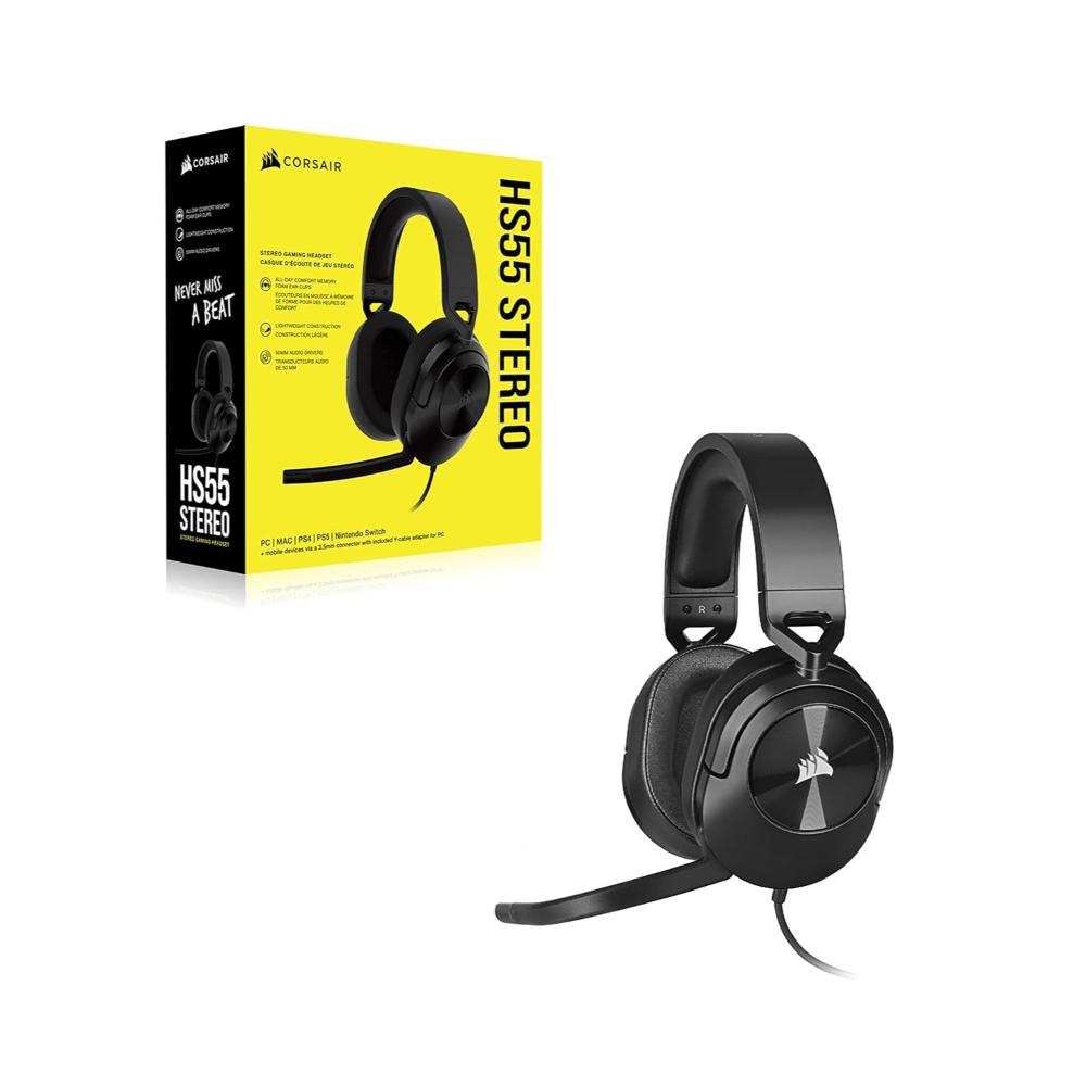 CORSAIR HS55 STEREO Wired Gaming Headset – Carbon | 50mm Drivers, Lightweight, 3.5mm Universal Compatibility