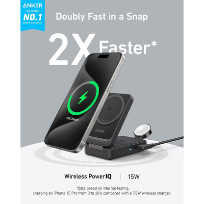 Anker MagGo Wireless Charging Station (Foldable 3-in-1) B2557 | 15W Qi2 Magnetic Wireless Charger for iPhone, Apple Watch & AirPods