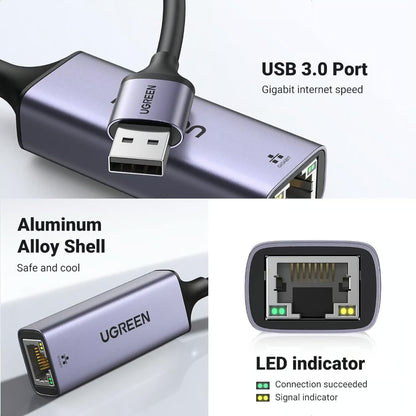 UGREEN 50922 | USB 3.0 to Gigabit Ethernet Adapter | 10/100/1000Mbps | Plug & Play | Aluminum Alloy | For Laptop, PC, MacBook, Surface, Chromebook