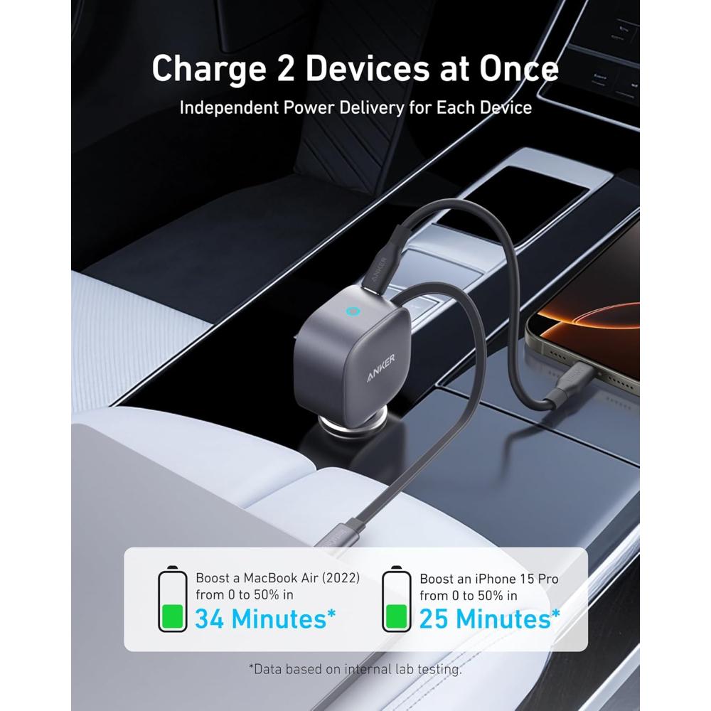 Anker Nano 75W Car Charger A2738P A2 | 75W Fast Car Charger with Built-In Retractable USB-C Cable