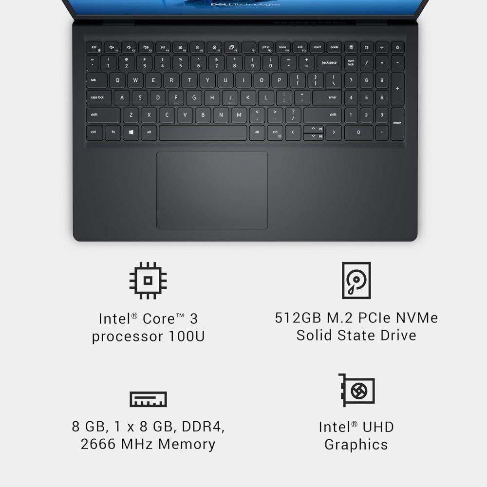 Dell 15 DC15250 Laptop | Intel Core 3 100U | 8GB DDR4 | 512GB SSD | 15.6" FHD 120Hz Display | Windows 11 Home | Carbon Black