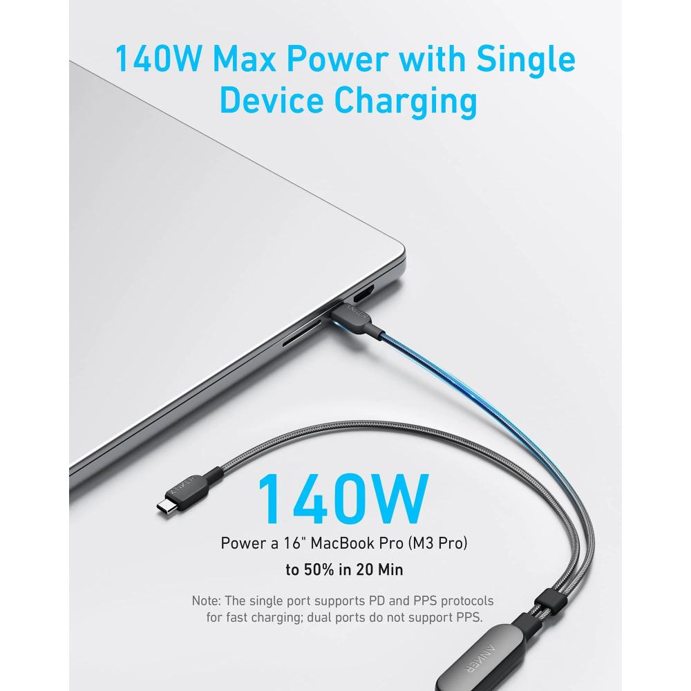 Anker | 2-in-1 USB-C to USB-C Cable | 140W Max PD Charging | 1.2M Length | Black | Smart Power Management | Braided Nylon | For MacBook Pro, Laptop, Tablet, Power Bank, USB-C Charger