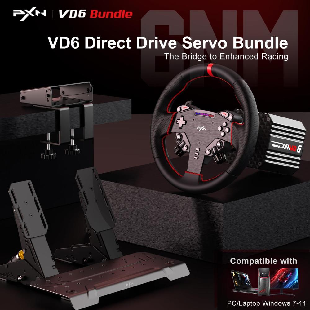 PXN VD6 Bundle Direct Drive Racing Wheel | 6Nm Force Feedback | 11" W AS Wheel | Hall-Effect Pedals | PC Sim Racing Setup