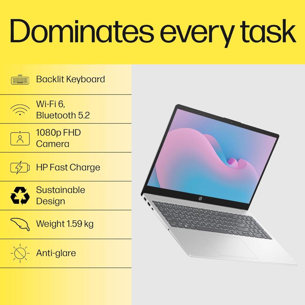 HP Laptop 15-FC0298AU | Ryzen 5 7430U | 8GB RAM | 512GB SSD, 15.6" FHD | Backlit KB, Windows 11, Silver