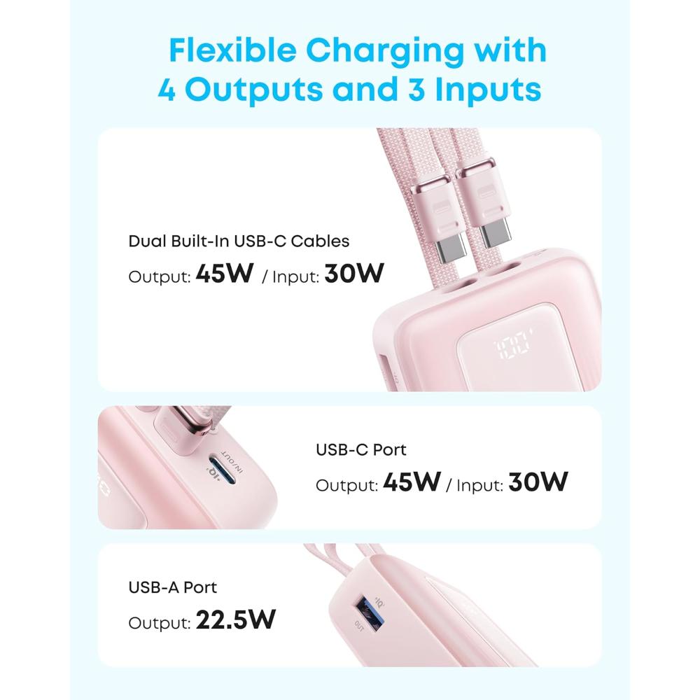 Anker Zolo Power Bank A110M | 20000mAh 45W Fast Charging Power Bank with Dual Built-In USB-C Cables