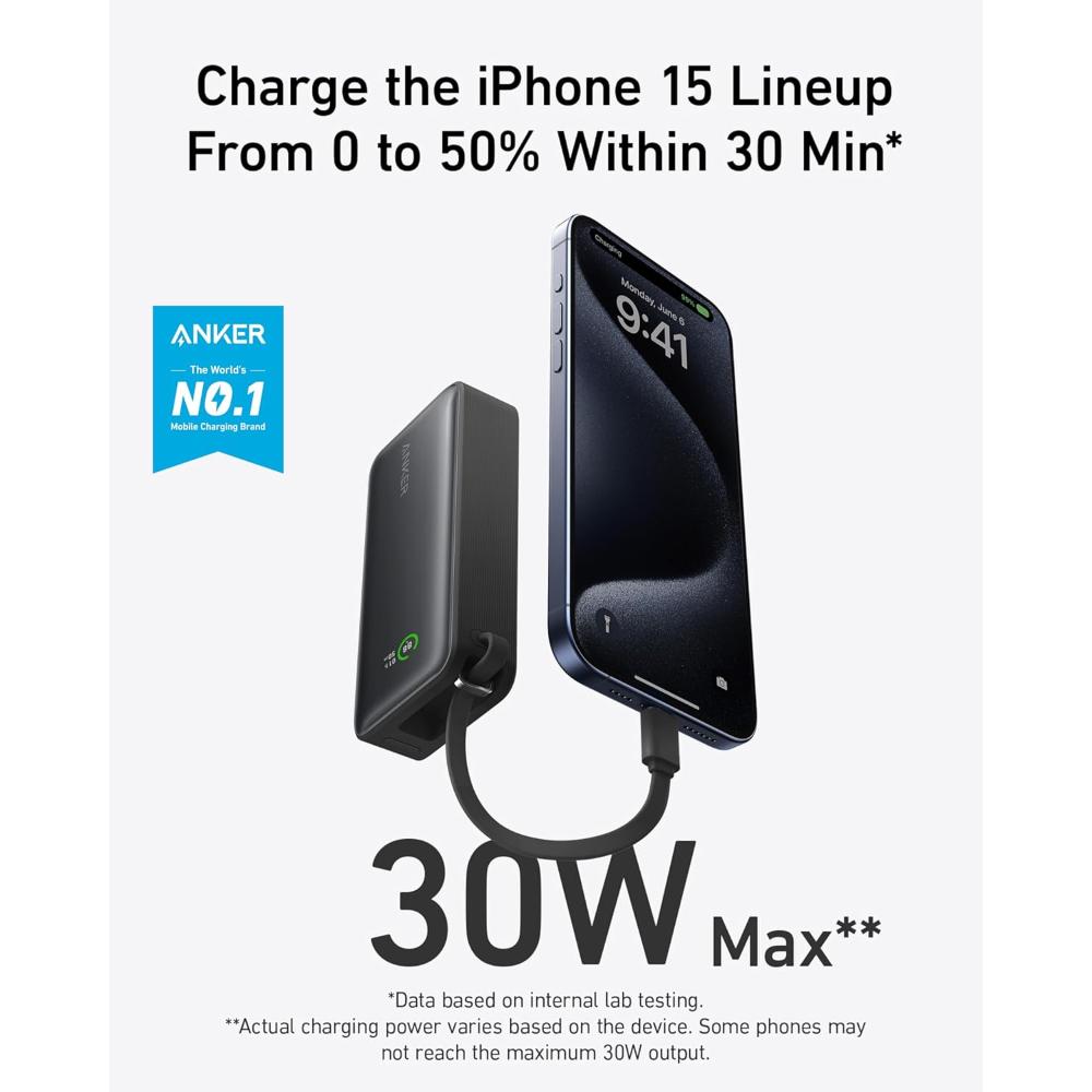Anker Nano Power Bank A1259 | 10000mAh 30W Fast Charging Power Bank with Built-In USB-C Cable