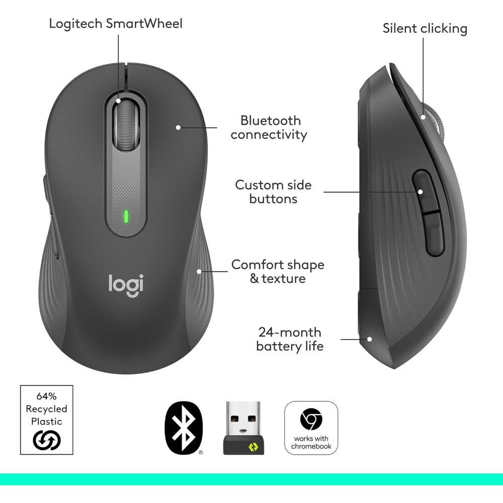 Logitech Signature M650 Wireless Mouse | SmartWheel Scrolling | SilentTouch | Bluetooth & Logi Bolt | Up to 24-Month Battery Life