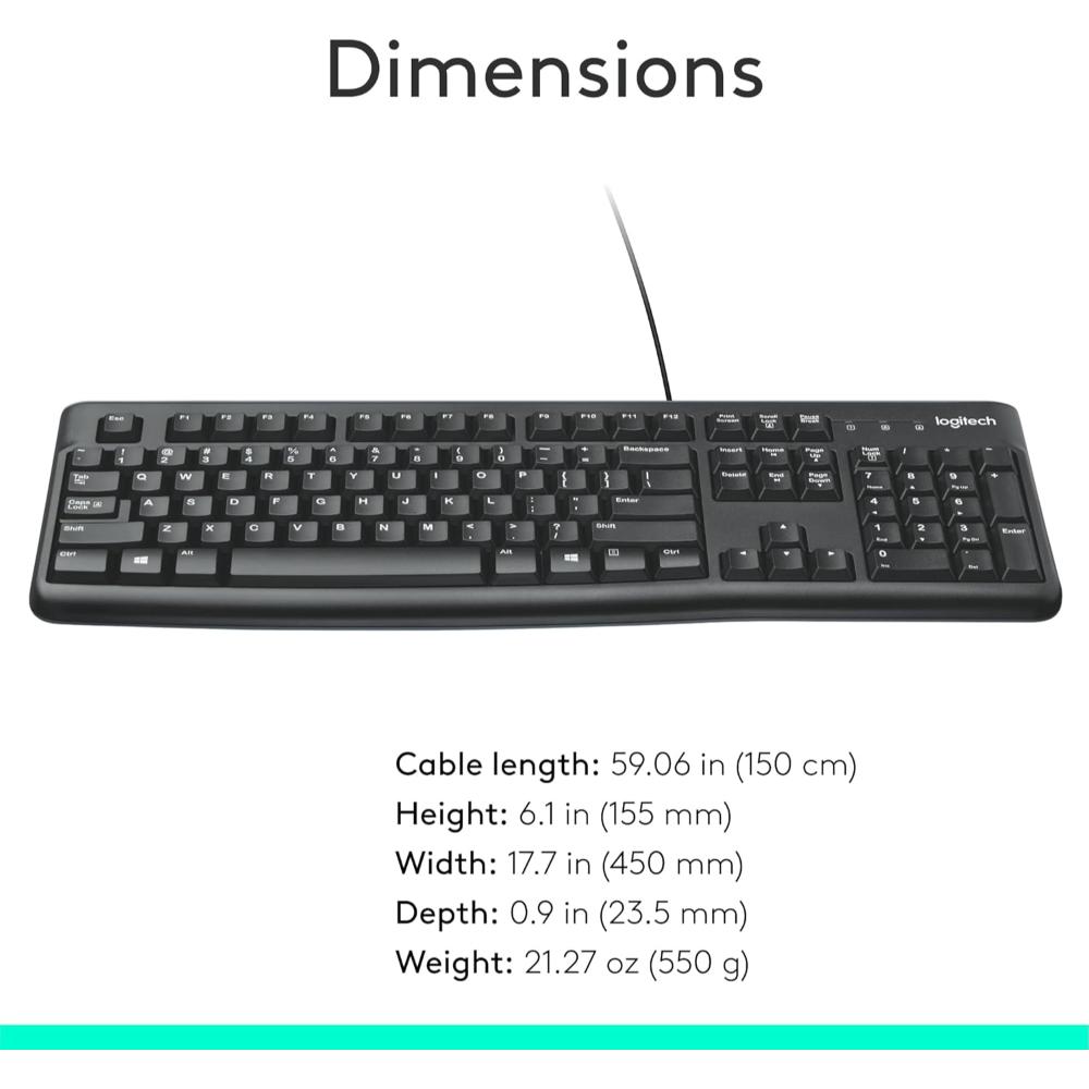 Logitech K120 USB Wired Keyboard | Full-Size Keyboard with Numeric Keypad | Spill-Resistant | Plug-and-Play USB | Black