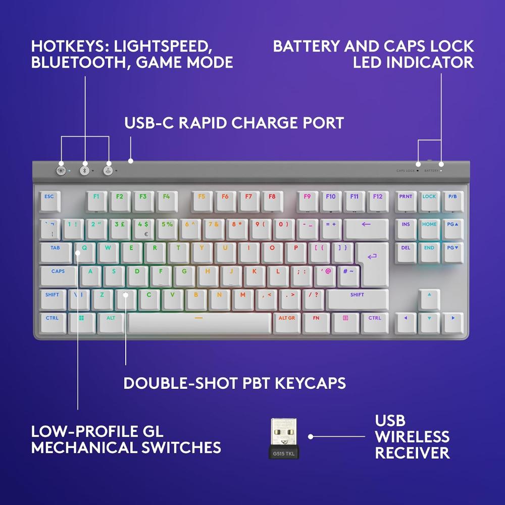 Logitech G515 LIGHTSPEED TKL Wireless Low Profile Gaming Keyboard | Low Profile Mechanical Switches | LIGHTSPEED Wireless | Bluetooth | RGB | 36-Hour Battery | 87 Keys