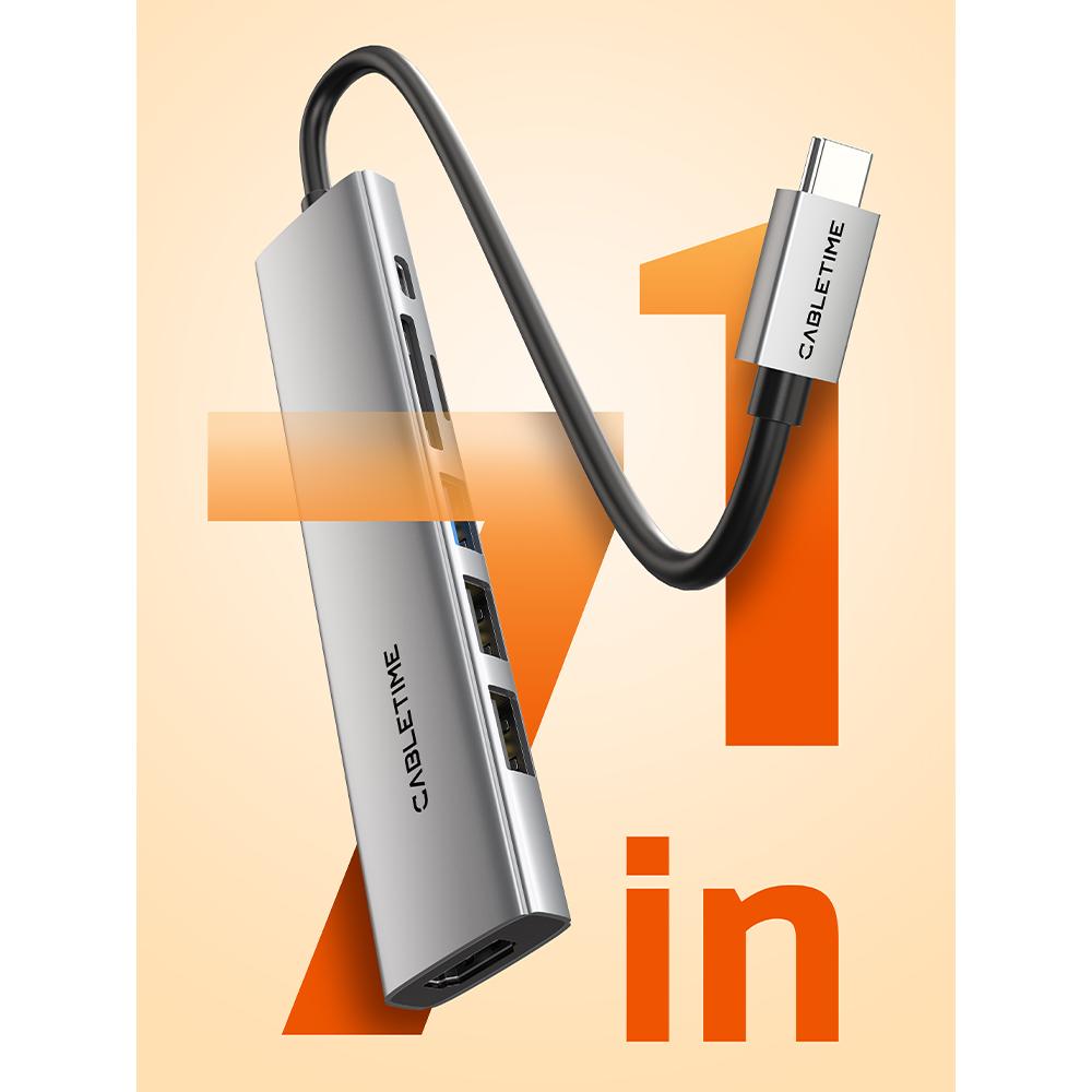 CABLETIME HB02G | 7-in-1 USB-C Hub | 4K HDMI, 100W PD, USB 3.0, SD/TF Card Reader | MacBook Pro, Windows, iPad