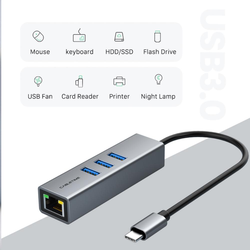 CABLETIME CB54G | USB-C 3-Port Hub with Gigabit LAN | 3× USB-A 3.0 5Gbps | 1000Mbps Ethernet | Aluminum Shell | Plug & Play
