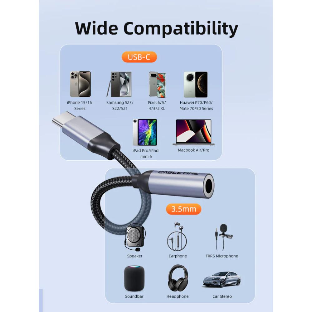 CABLETIME CPA6G USB-C to 3.5mm Audio Adapter | Hi-Fi DAC | Mic & Control Support | Durable Braided Design