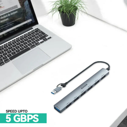 Amaze A317 | USB + Type-C to 7-Port USB 3.0 Hub | 5Gbps Speed, Aluminum Alloy, Dual Input