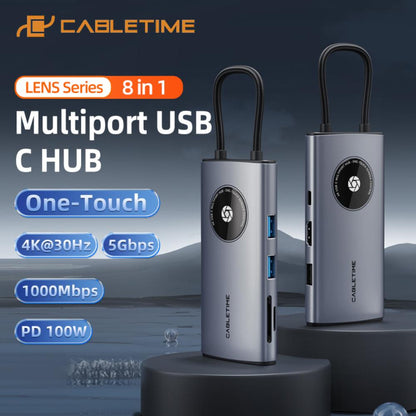 CABLETIME CB92G | 8-in-1 USB-C Adapter Hub | 4K HDMI | Gigabit LAN 1000Mbps | USB-A 3.0 5Gbps | USB-C PD 100W | SD/TF Reader | For MacBook, Laptops & Tablets