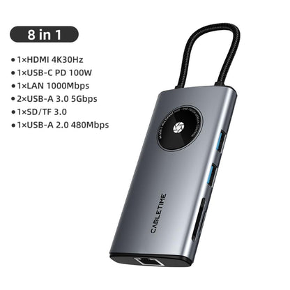 CABLETIME CB92G | 8-in-1 USB-C Adapter Hub | 4K HDMI | Gigabit LAN 1000Mbps | USB-A 3.0 5Gbps | USB-C PD 100W | SD/TF Reader | For MacBook, Laptops & Tablets