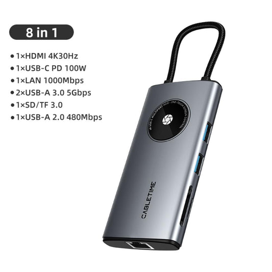 CABLETIME CB92G | 8-in-1 USB-C Adapter Hub | 4K HDMI | Gigabit LAN 1000Mbps | USB-A 3.0 5Gbps | USB-C PD 100W | SD/TF Reader | For MacBook, Laptops & Tablets