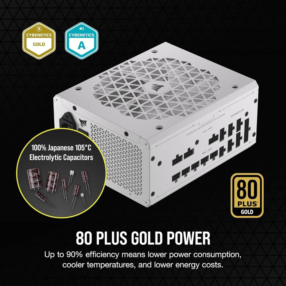 CORSAIR RM1000x SHIFT White | 1000W Fully Modular Power Supply (ATX 3.1, 80 PLUS Gold, PCIe 5.1, Side Interface)