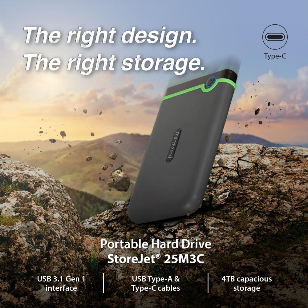Transcend StoreJet 25M3C | Rugged Portable External Hard Drive | USB 3.1 Gen 1 Type-C, Anti-Shock, One-Touch Backup (2TB / 4TB)