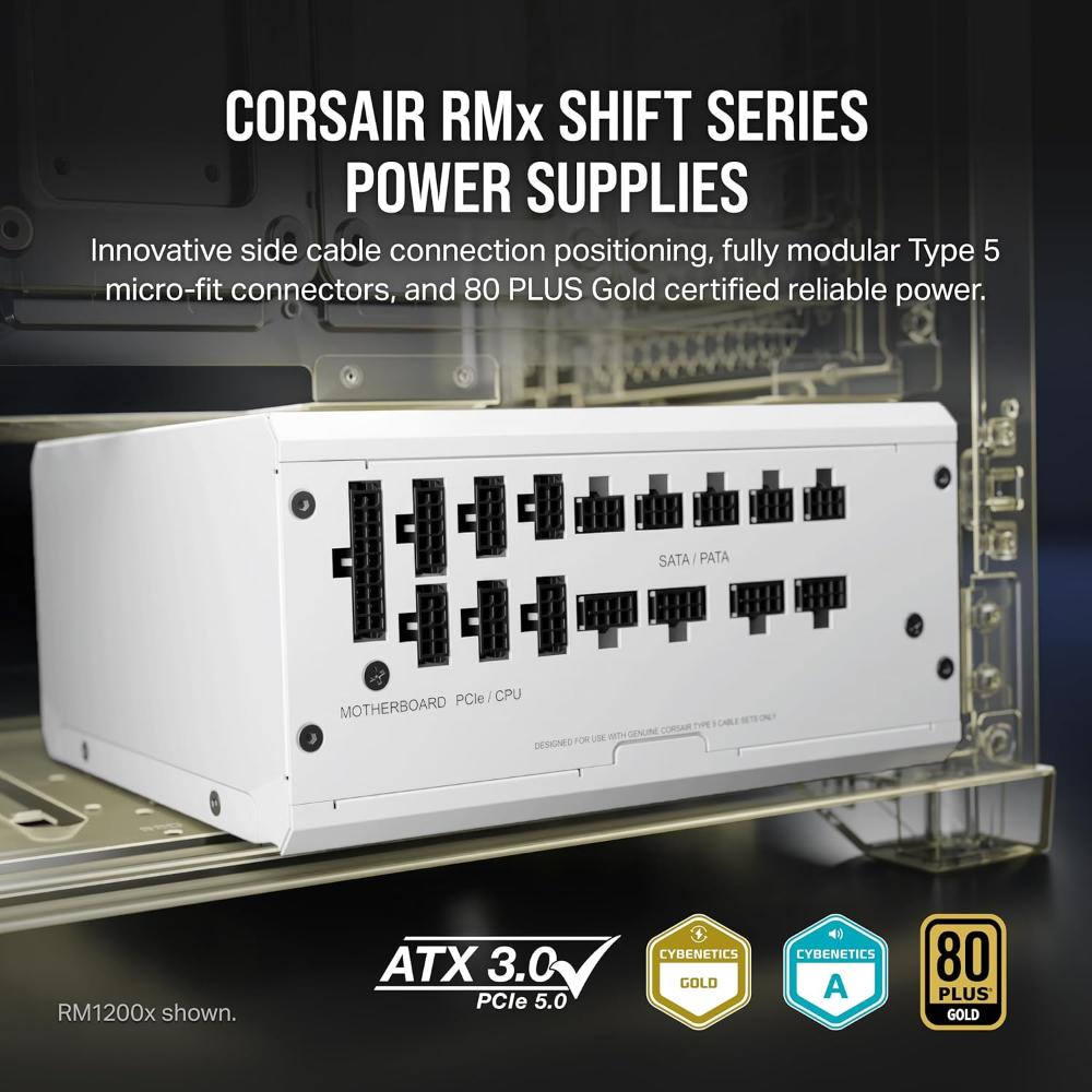CORSAIR RM1000x SHIFT White | 1000W Fully Modular Power Supply (ATX 3.1, 80 PLUS Gold, PCIe 5.1, Side Interface)