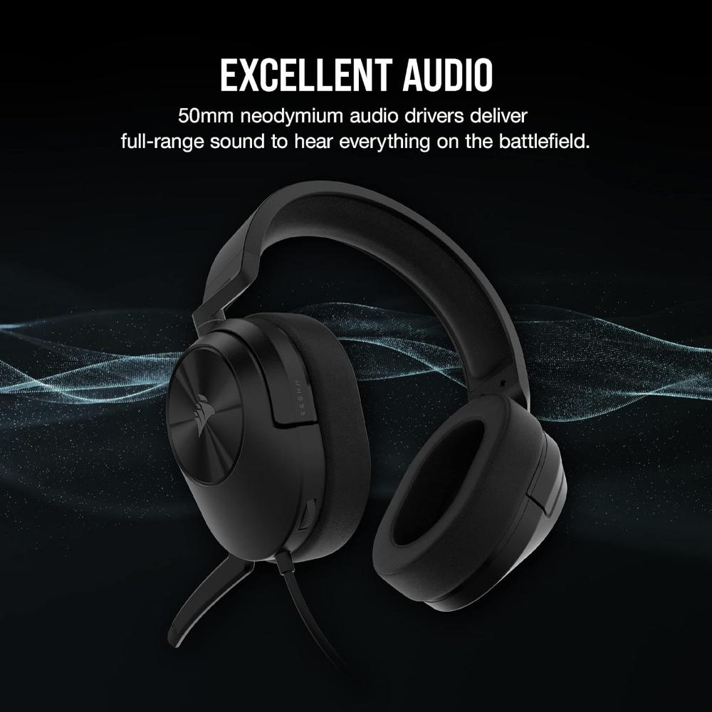 CORSAIR HS55 STEREO Wired Gaming Headset – Carbon | 50mm Drivers, Lightweight, 3.5mm Universal Compatibility
