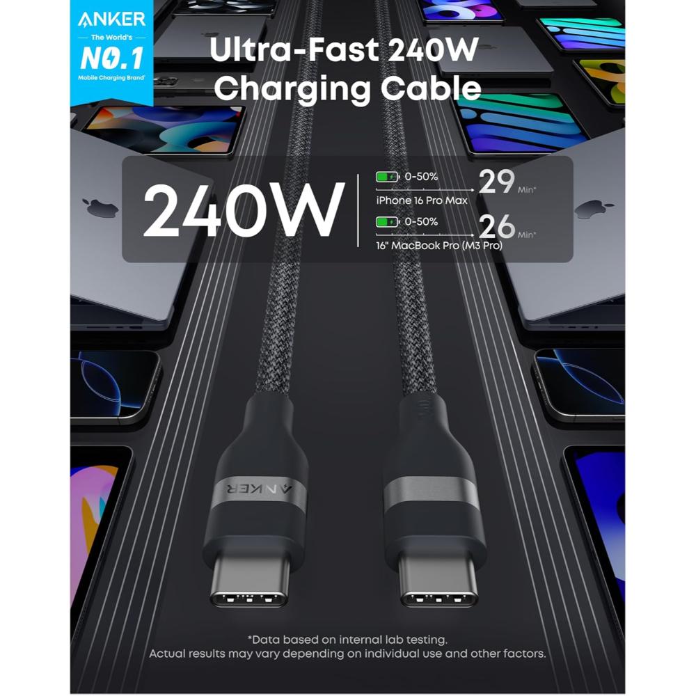 Anker A82E2 USB-C to USB-C Cable | 240W Fast Charging | Upcycled-Braided | USB-IF Certified