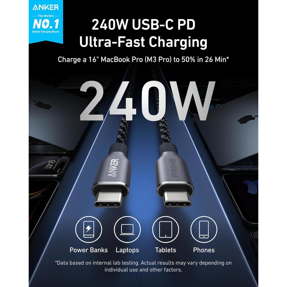 Anker Prime USB-C to USB-C Cable A88E2 | 240W Fast Charging | Upcycled-Braided | USB-IF Certified