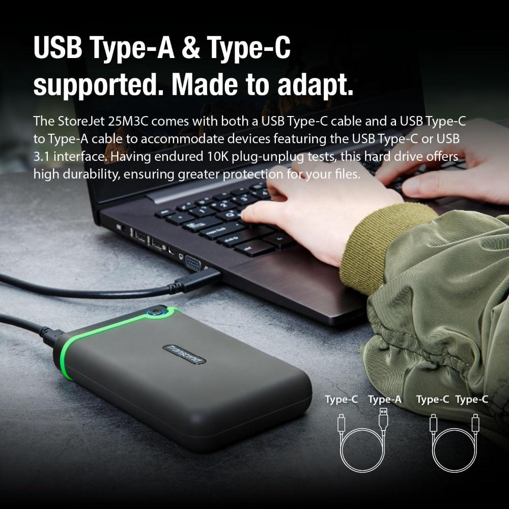 Transcend StoreJet 25M3C | Rugged Portable External Hard Drive | USB 3.1 Gen 1 Type-C, Anti-Shock, One-Touch Backup (2TB / 4TB)