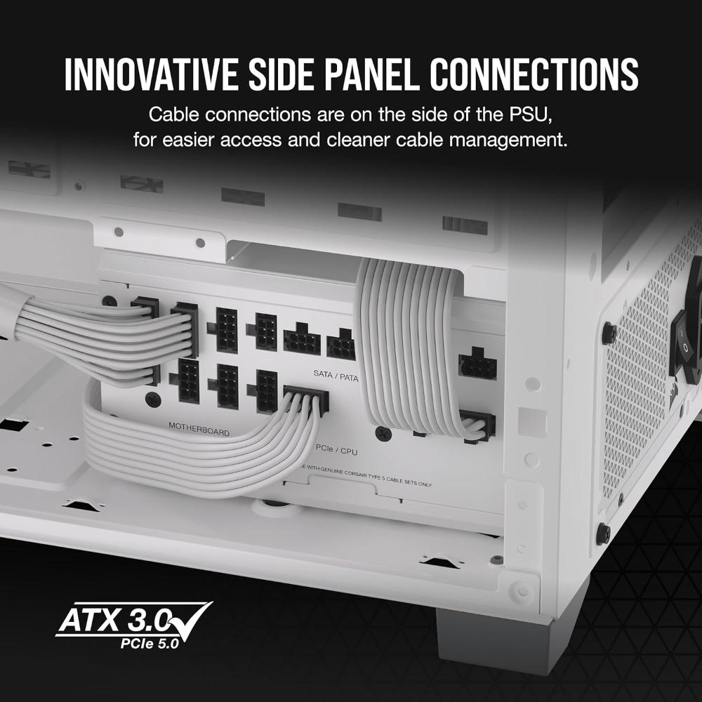 CORSAIR RM1000x SHIFT White | 1000W Fully Modular Power Supply (ATX 3.1, 80 PLUS Gold, PCIe 5.1, Side Interface)