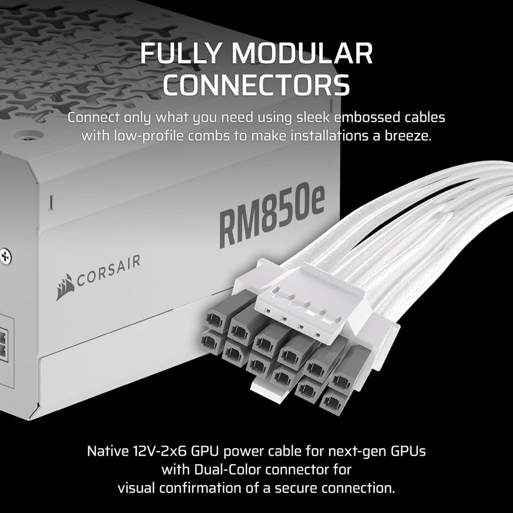 CORSAIR RM850e White | 850W Fully Modular ATX 3.1 Power Supply (80 PLUS Gold, PCIe 5.1, Low-Noise)