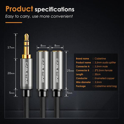 CABLETIME CF14B 3.5mm Male to Dual RCA Female Audio Cable | Y Adapter, Gold-Plated, Nylon Jacket