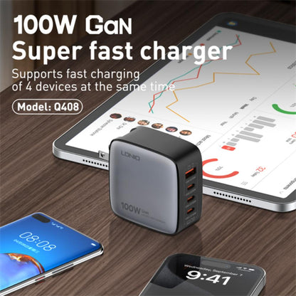 LDNIO Q408 100W GaN Super Fast Charger | 3×USB-C + 1×USB-A | PD & QC Fast Charging | Universal US/UK/EU Plug