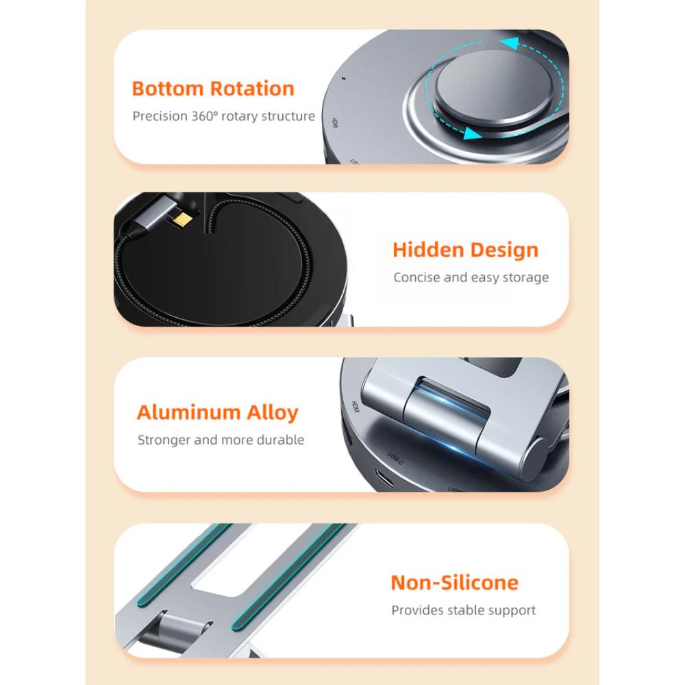 CABLETIME CB02G | 8-in-1 USB-C Docking Station with Stand for iPad Pro & Air | 4K@60Hz HDMI, 100W PD, 5Gbps USB, 360° Adjustable Aluminum Design