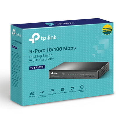 TP-Link TL-SF1009P 9-Port 10/100Mbps Desktop Switch with 8-Port PoE+ | Secure PoE Deployment with Extended Range and Traffic Control