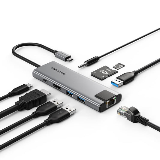 CABLETIME HB03G | 9-in-1 USB-C Hub | 4K HDMI, 100W PD, 1000Mbps Ethernet, Audio Jack | MacBook, Windows, iPad