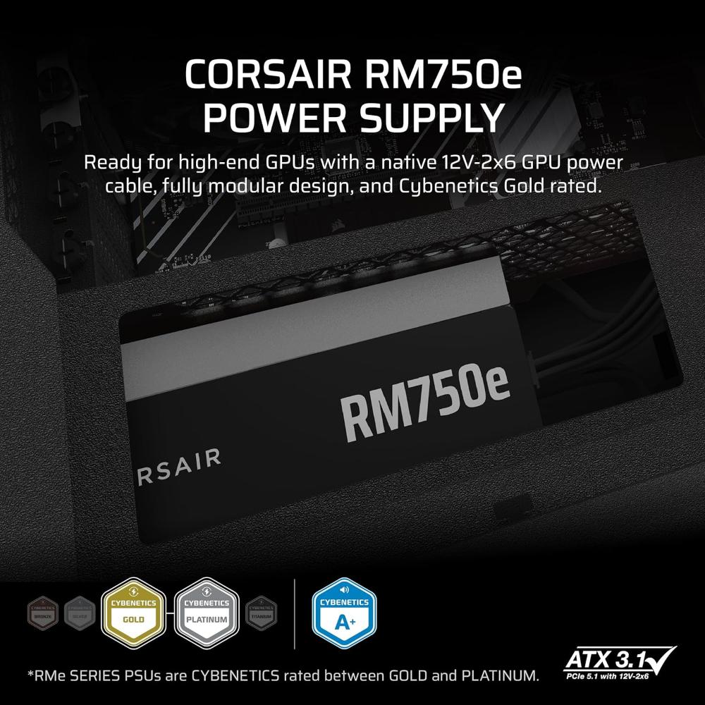 CORSAIR RM750e | 750W Fully Modular ATX 3.1 Power Supply (80 PLUS Gold, PCIe 5.1, Low-Noise)