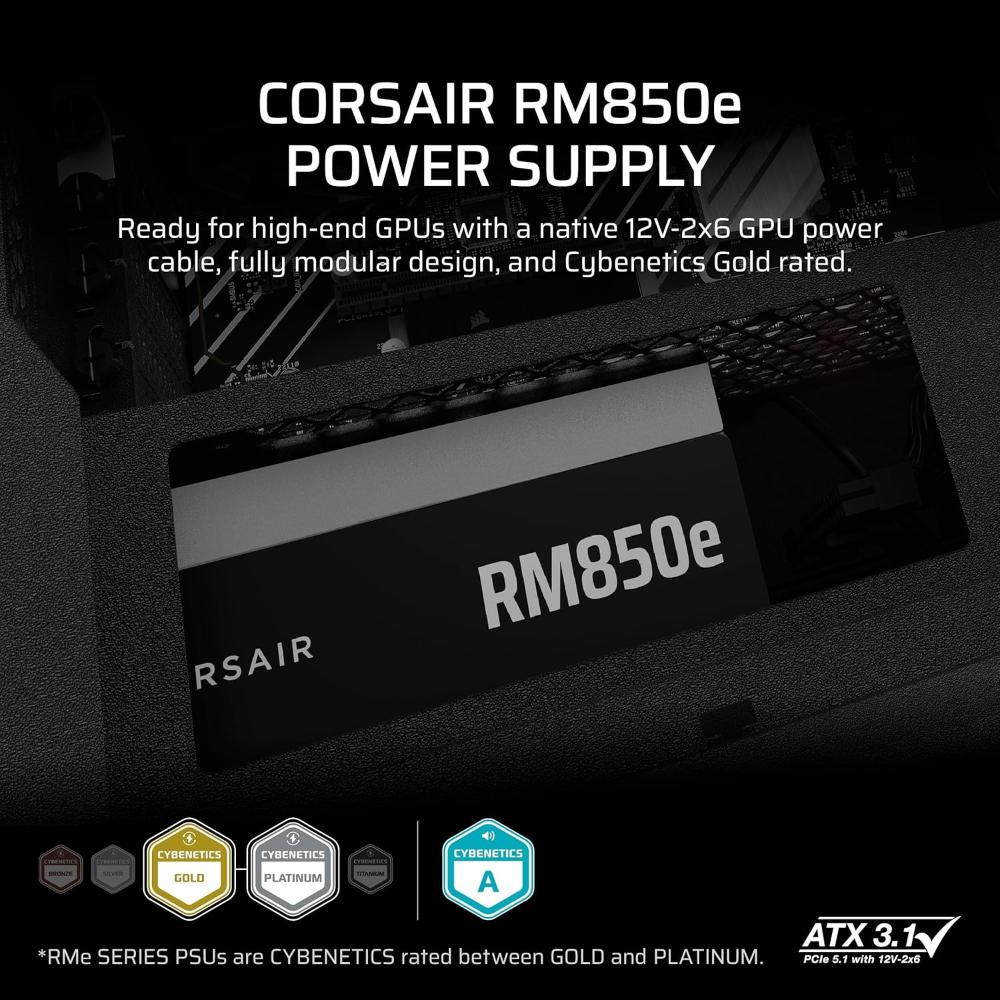 CORSAIR RM850e | 850W Fully Modular ATX 3.1 Power Supply (80 PLUS Gold, PCIe 5.1, Low-Noise)