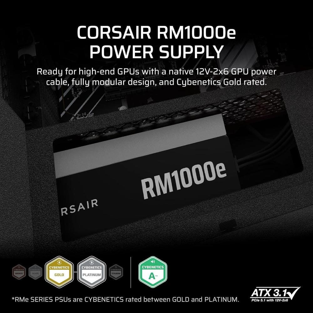 CORSAIR RMe Series RM1000e Fully Modular ATX 3.1 Power Supply (1000W, Gold Efficiency, PCIe 5.1 Ready)