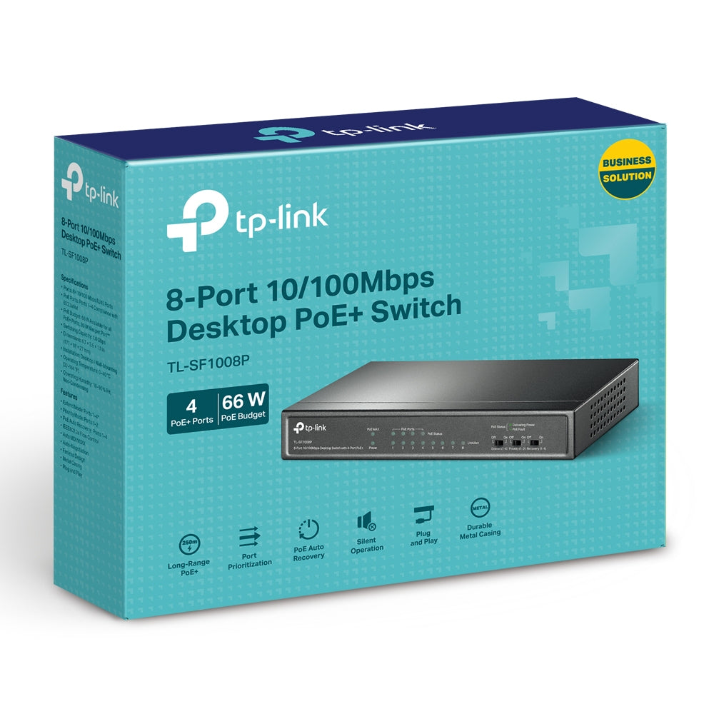 TP-Link TL-SF1008P 8-Port 10/100Mbps Desktop Switch with 4-Port PoE+ | Reliable PoE Power, Extended Range, and Silent Operation