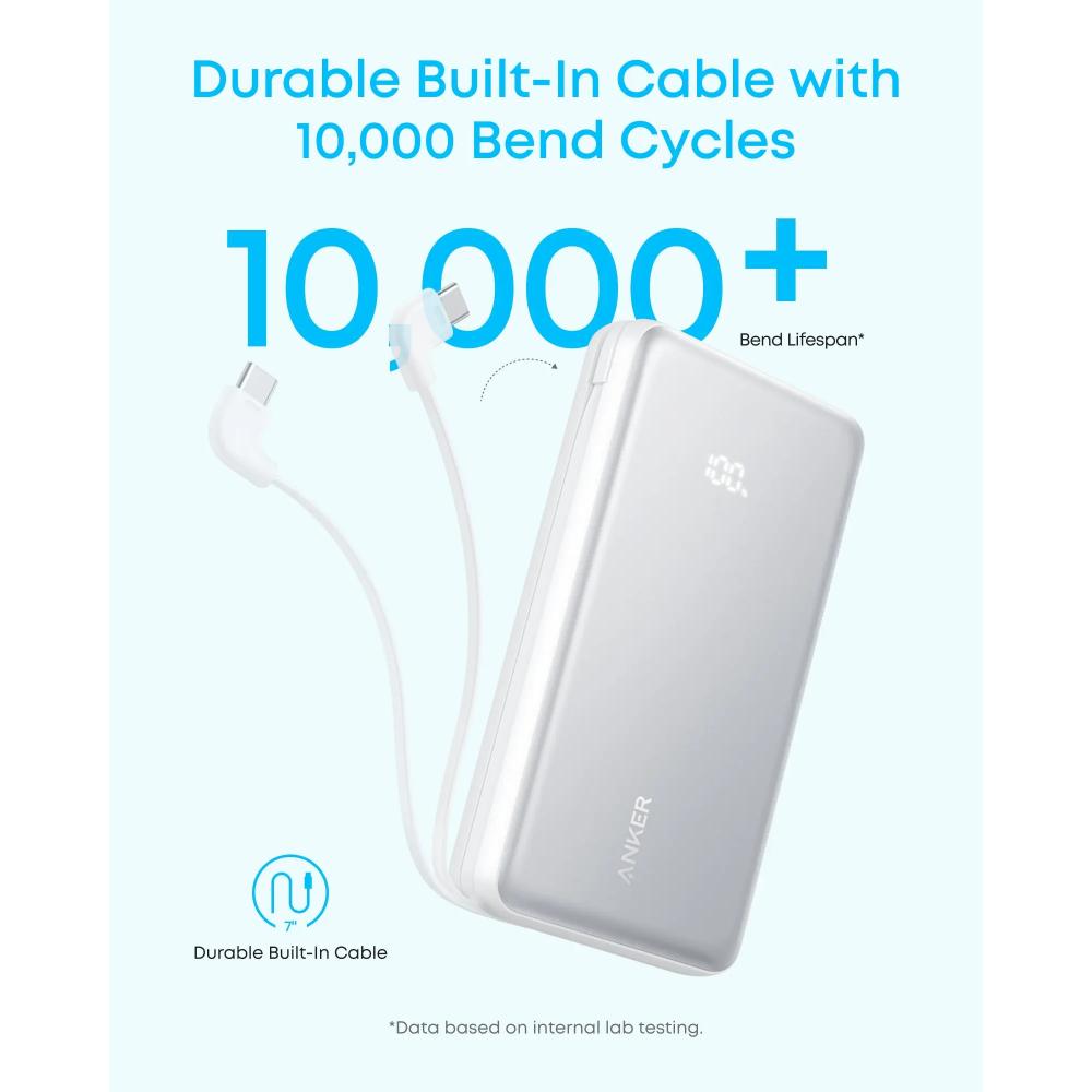 Anker Zolo Power Bank A110EP11 | 20000mAh 22.5W Fast Charging Power Bank with Built-In USB-C Cable