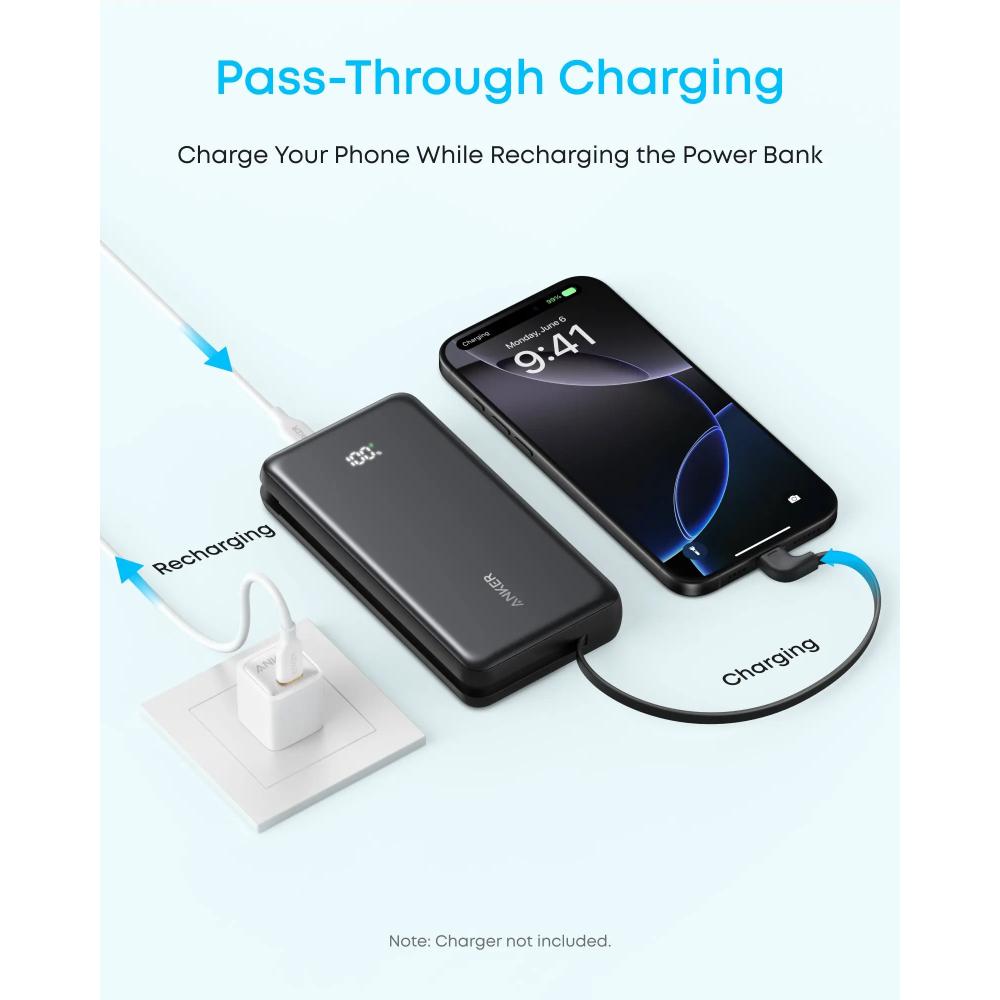 Anker Zolo Power Bank A110EP11 | 20000mAh 22.5W Fast Charging Power Bank with Built-In USB-C Cable