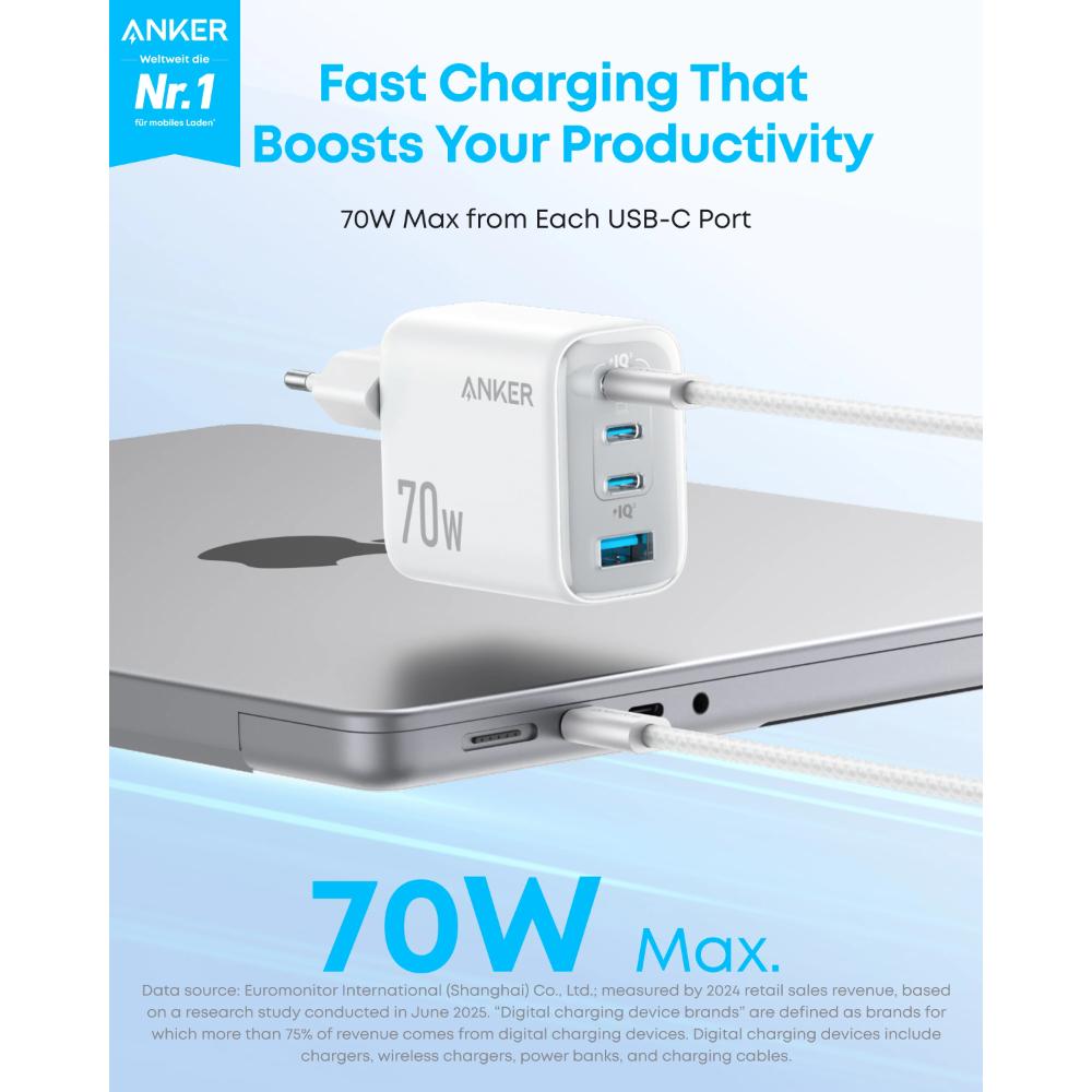 Anker Zolo 70W 4-Port Charger A121C (3C+1U, PD 3.0) | Compact GaN Fast Charger