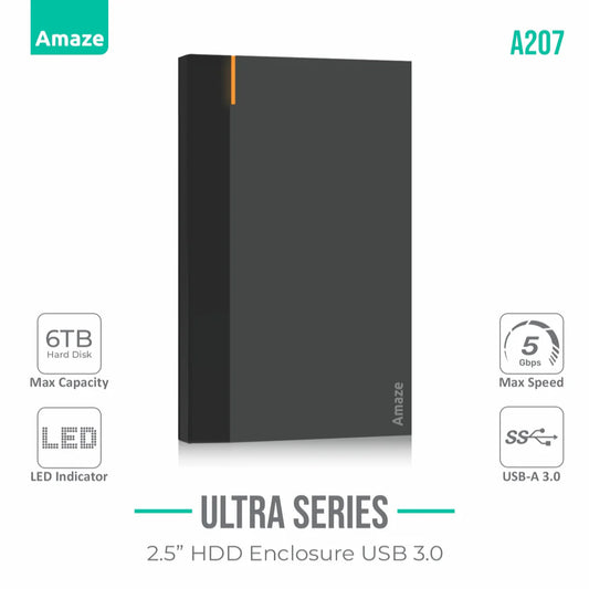Amaze A207 | Ultra Series 2.5" HDD Case USB 3.0 | 5Gbps Speed, 6TB Support, LED Indicator, Tool-Free Design