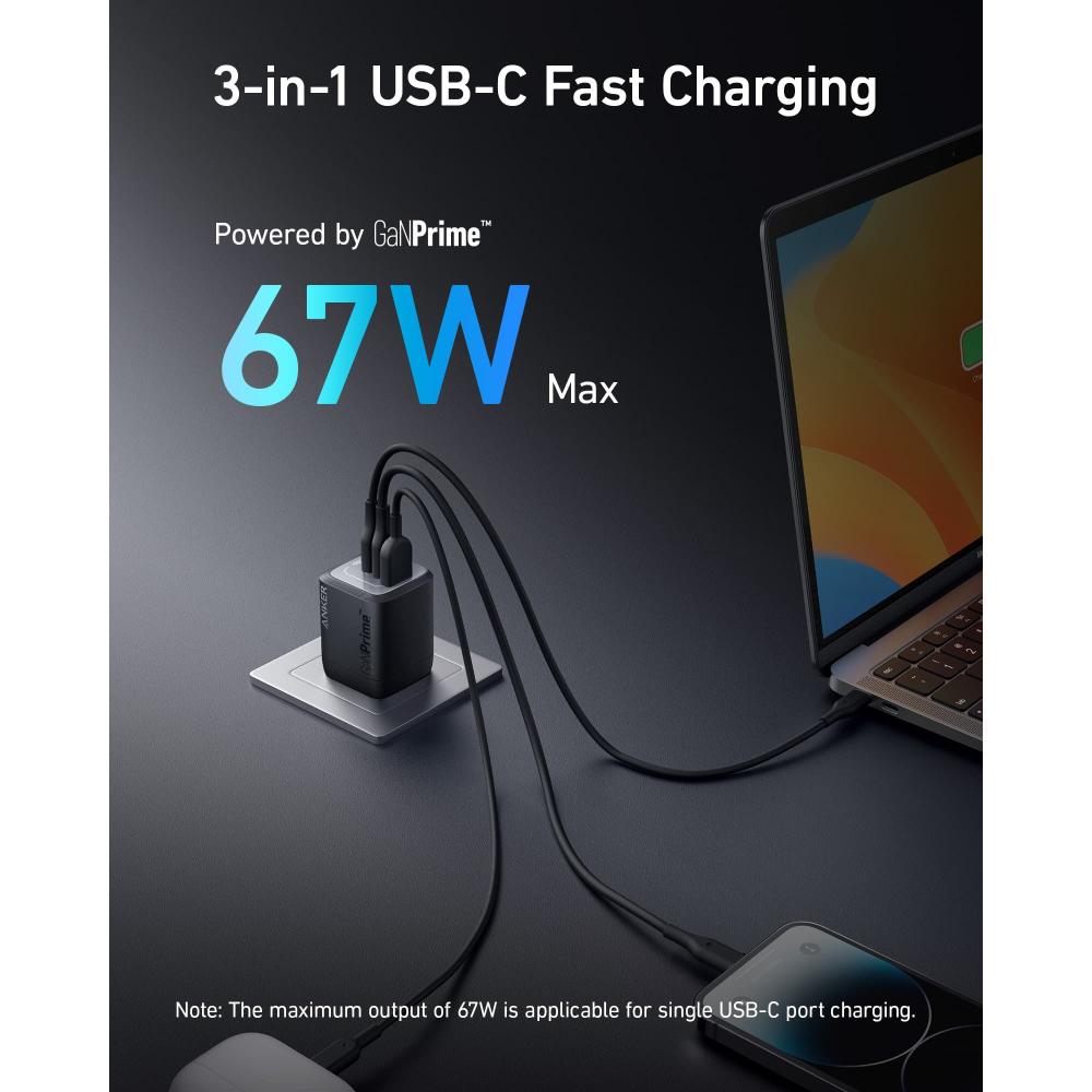 Anker Prime A2669 | 67W GaN Wall Charger | 3-Port | 2 × USB-C + 1 × USB-A | Compact Fast Charging | Foldable Plug | For MacBook, iPhone, Galaxy, iPad, USB-C Devices