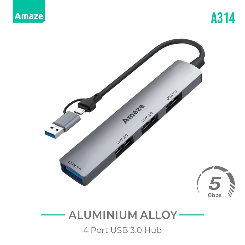 Amaze A314 | USB + Type-C to 4-Port USB 3.0 Hub | Aluminum Alloy, 5Gbps Speed, Dual Input