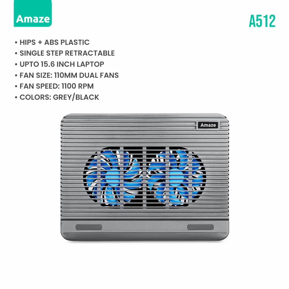Amaze A512 Dual Silent Fan Laptop Cooling Pad | Gray | Ultra-Quiet Operation | Ergonomic Tilt | USB Powered | Up to 17" Laptops