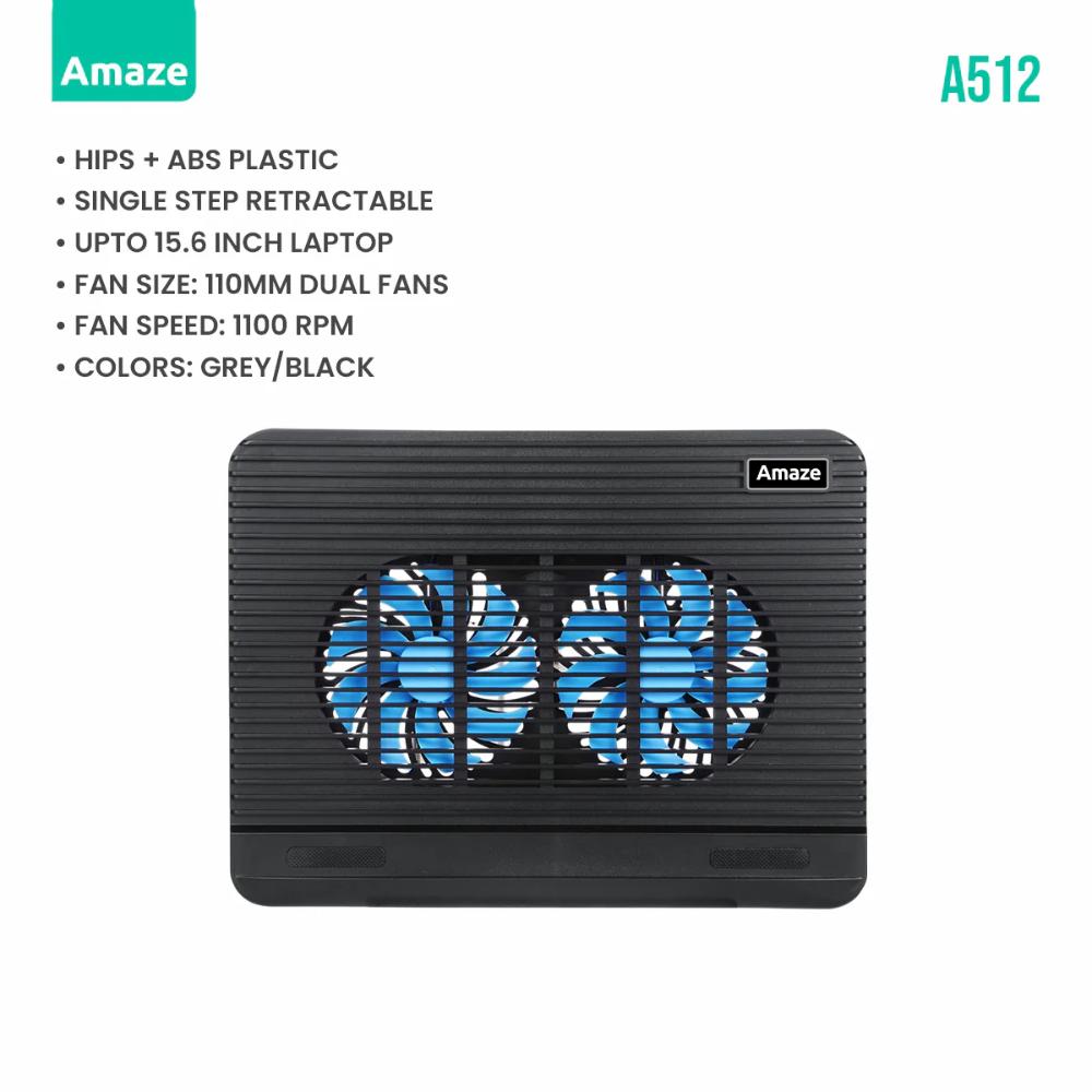 Amaze A512 Dual Silent Fan Laptop Cooling Pad | Gray | Ultra-Quiet Operation | Ergonomic Tilt | USB Powered | Up to 17" Laptops